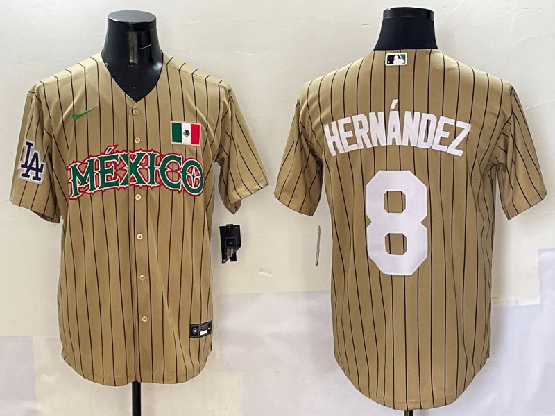 Men Los Angeles Dodgers #8 Hernandez Brown Stripe Mexico Joint Name 2025 Nike MLB Jersey style 7